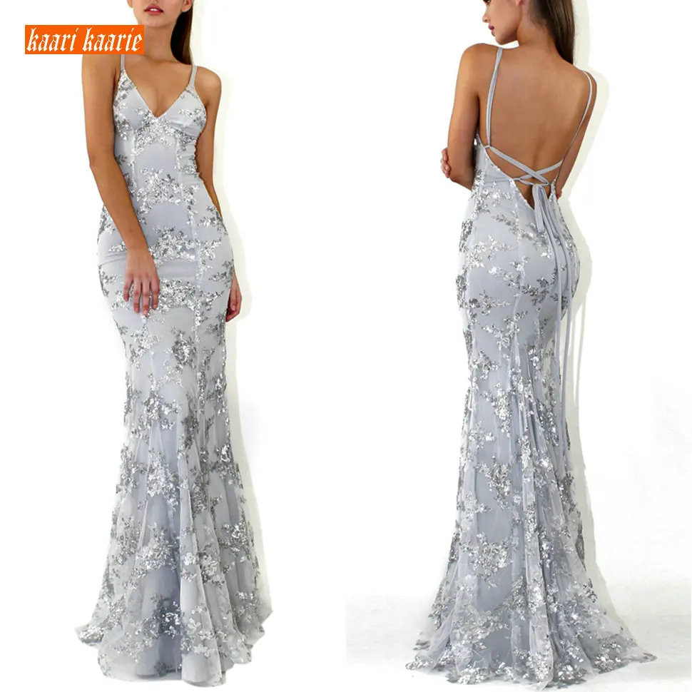 Elegant Silver Formal Dress Mermaid Evening Gowns 2019 Sexy Evening Dresses Long Party Tulle Embroidery Sequined Backless Women Elegant Silver Formal Dress Mermaid Evening Gowns 2019 Sexy Evening Dresses Long Party Tulle Embroidery Sequined Backless Women