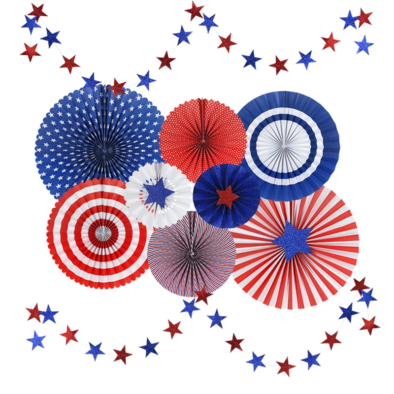 

American Independence Day Paper Fans Garlands Set Blue Red White American Theme Photo Booth Backdrops Party Decoration Supplies