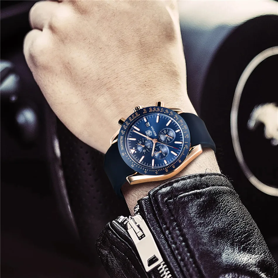 BENYAR спортивные водонепроницаемые Роскошные Кварцевые часы с хронографом Лидирующий бренд ремешок из нержавеющей стали мужские часы синий циферблат с датой Relogio Masculino