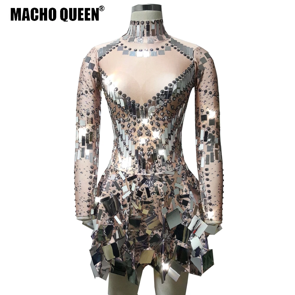 Sparkly Mirror Rhinestone Bodysuit Latin Dance Dress Costume Women Outfit