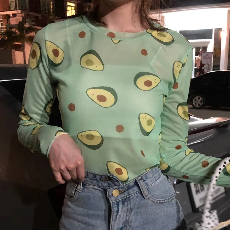 

Women's Blouses Retro Casual O Neck Avocado Print Long Sleeve Mesh Perspective Sun Protection Ladies Shirt