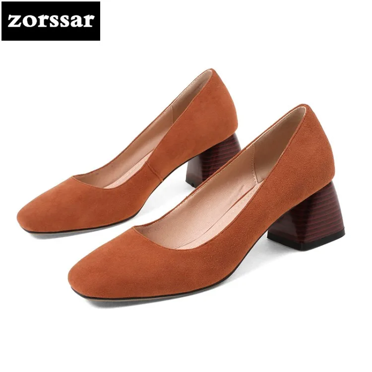 

{Zorssar} 2018 Summer suede Women Shoes Square toe Pumps Dress Shoes High Heels Genuine Leather Single shoes Woman Zapatos Mujer