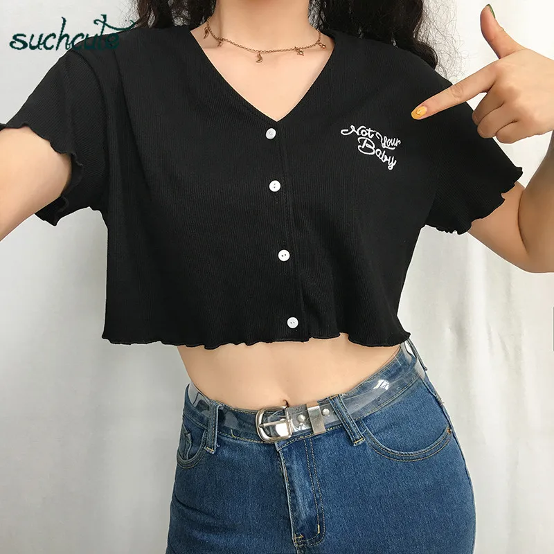 

SUCHCUTE Shirts For Women With Print Button V-Neck Clothes Tops Summer 2019 Vintage Korean Style Casual Harajuku Tops Female