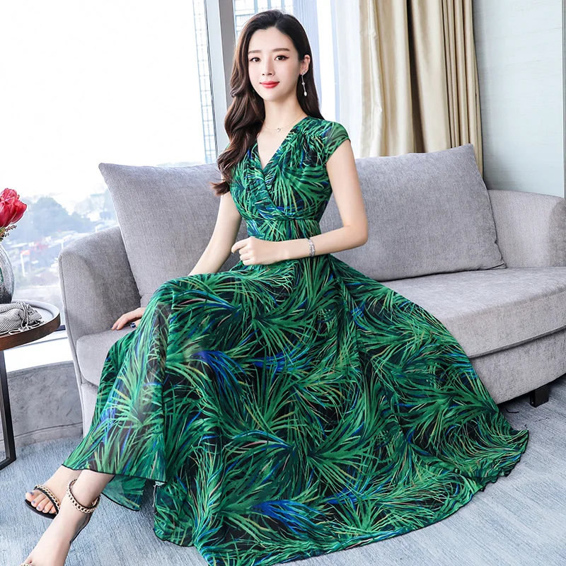 

Summer Chiffon Dresses For Women Korean Fashion Short Sleeve v Neck Print Dress Green Red Elegant Long Dress S-XXXL