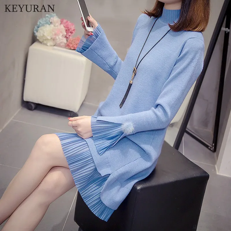 

Plus Size Women Pullovers Sweater Knit Chiffon Patchwork Casual 2019 Spring Autumn New Woman Fake Two Pieces Loose Knitted Dress