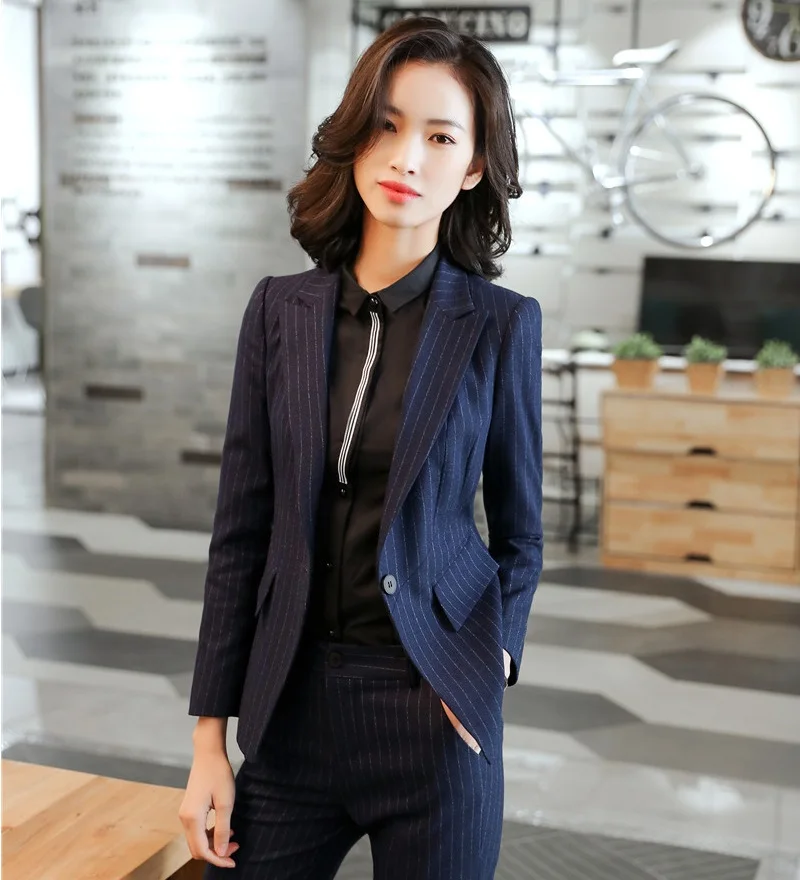 High Quality Fiber Formal Office Ladies Navy blue Striped Blazers Women