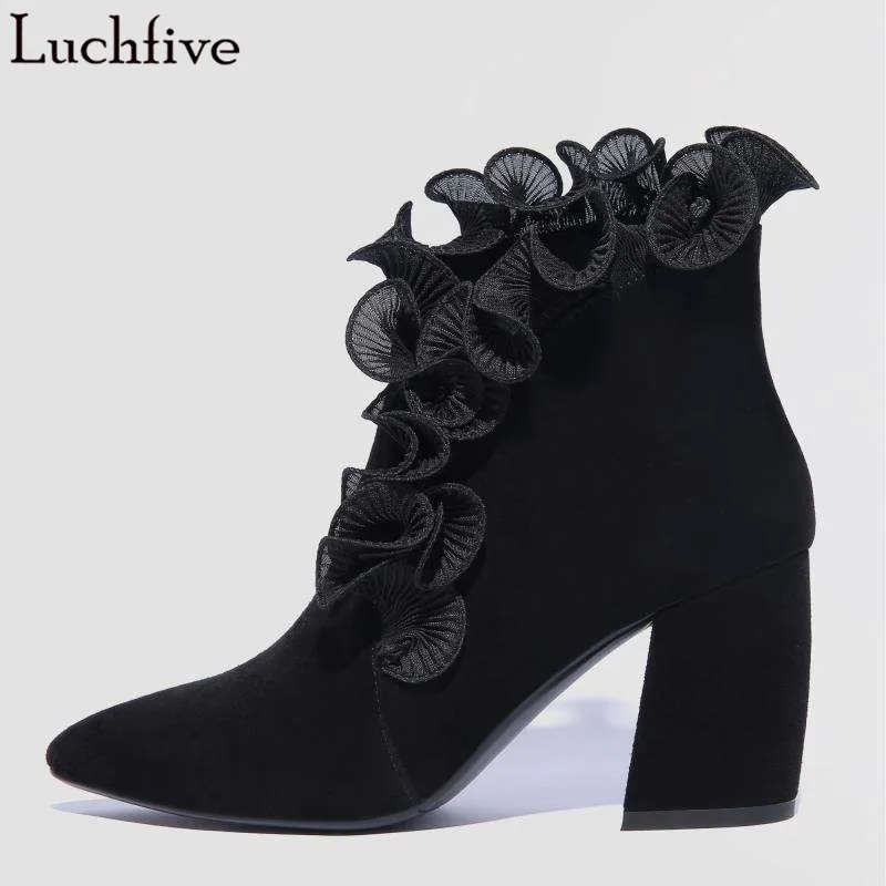 

2019 Newest Lace Trimmings Kid Suede Ankle Boots For Women Spring Autumn PU Insole Winter Short Plush High Heel Shoes Woman