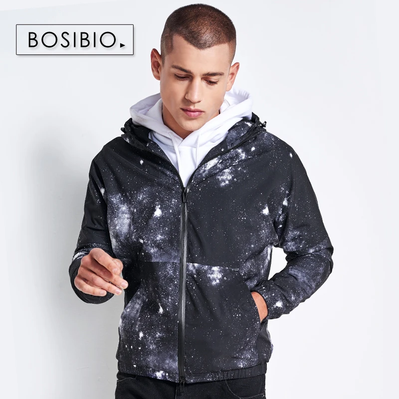 

BOSIBIO 2018 Fashion Men Windbreaker Jackets Galaxy Printed Spring Autumn Zipper Hooded jacket Long Sleeve male clothing 805