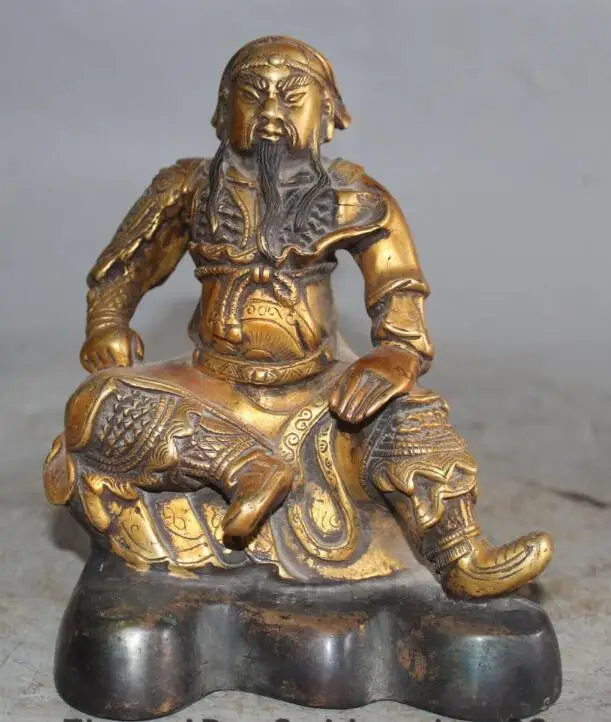 

S01395 6" Marked Chinese Purple Bronze 24K Gold Seat Guan Guan Yu Warrior God Statue B0403