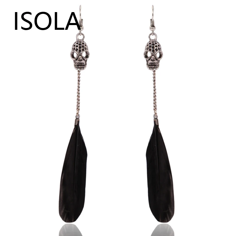 

ISOLA Skull Alloy Hanging Feather Tassel Boho Earrings Statement Bohemia Earrings Charming Colorful Ethnic Earrings