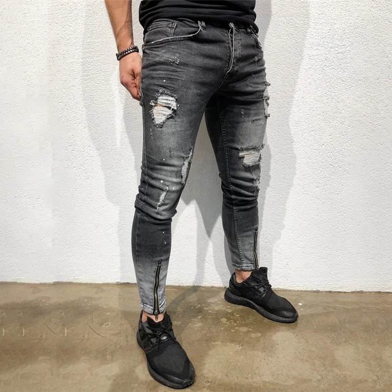 New Men Ripped holes jeans Zip skinny biker jeans black jeans with Pleated patchwork slim fit hip hop jeans men pants