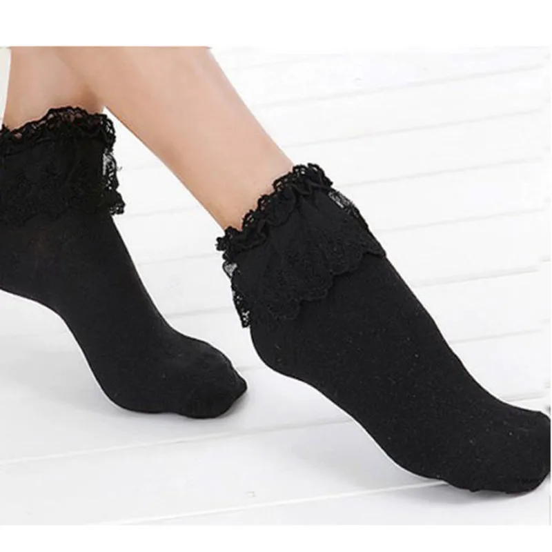 Black CUSHY y Girls Lace Ruffle Frilly Mesh Ankle Socks Bowknot Princess Cotton Short Socks