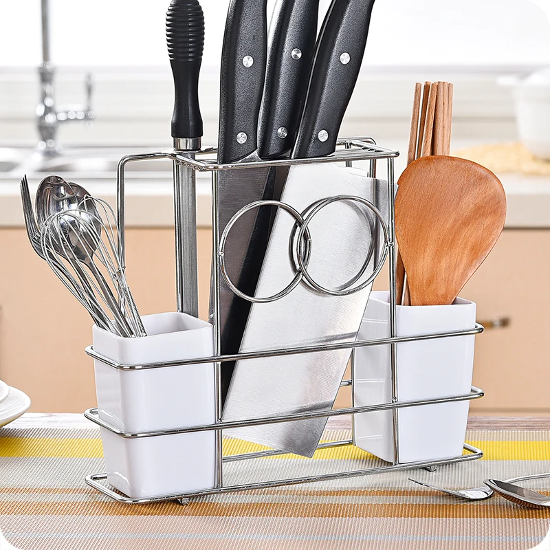 Stainless steel knife rack high quality 2 white chopstick cages fork shelves spoon holder reinforced kitchen supplies organizer
