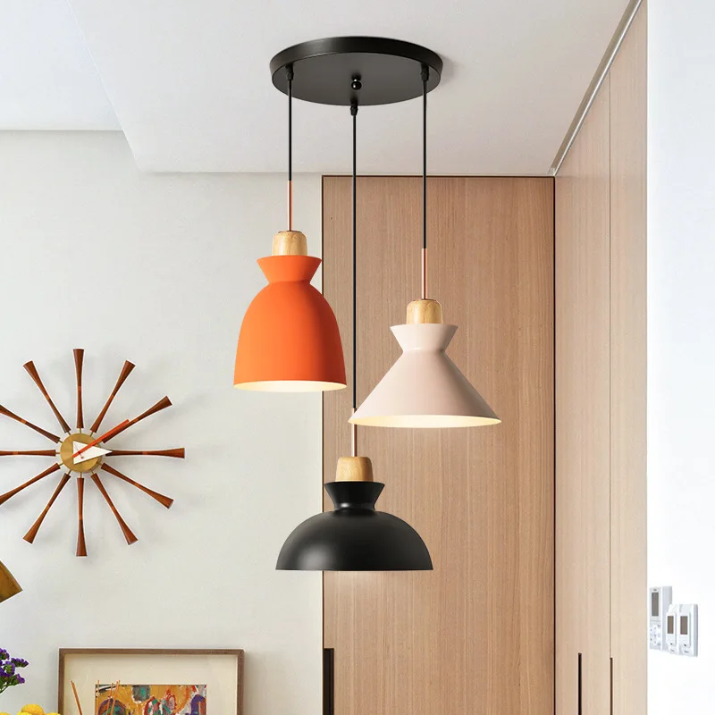 

Nordic modern minimalist dining hall lights creative bar cafe dining room macaroon aluminum three-headed chandelier