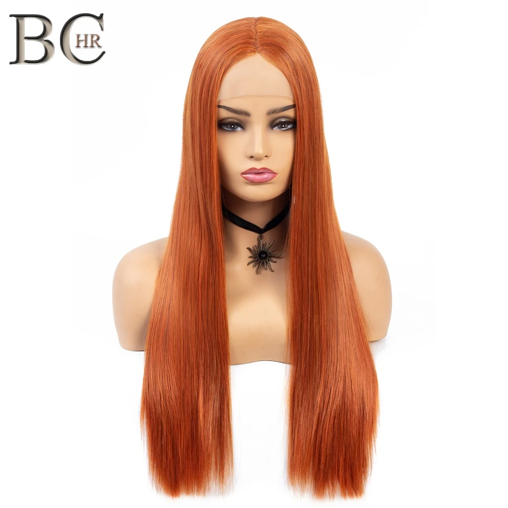 

BCHR 22 Inch Straight Wig Orange Synthetic 13*4 Lace Front Wig for Women Middle Part Long Wig Handmade Lace Hair Shipping