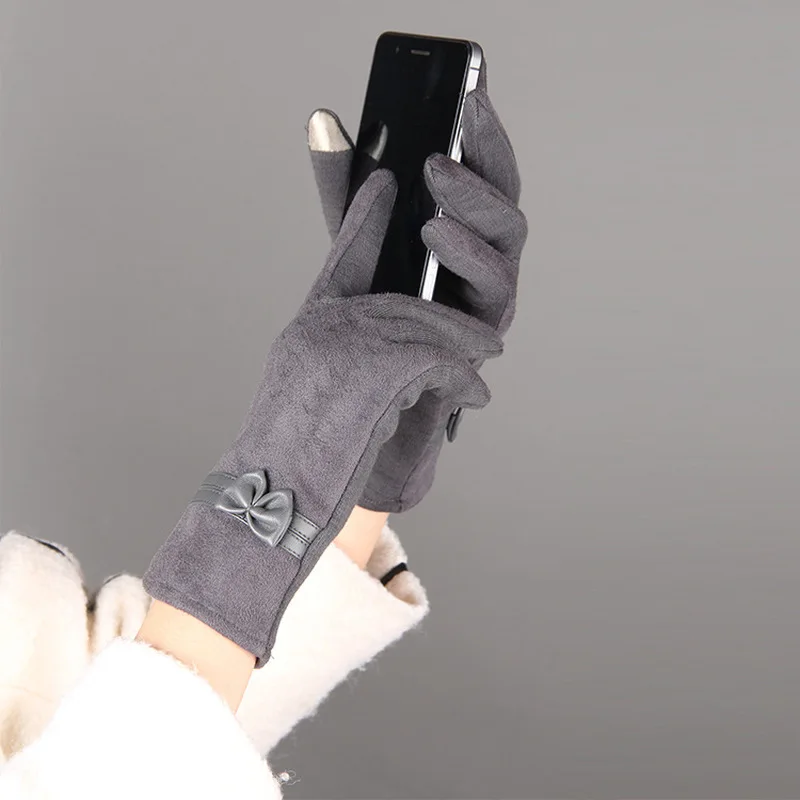 

New Fashion Female Gloves Winter Gloves Touch Screen Suede Elegant Warm Soft Wrist Bow Mittens for Women