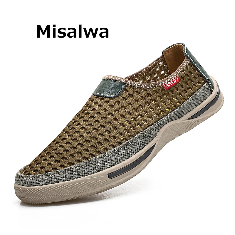 

Misalwa Outdoor Air Mesh Summer Men Loafers Breathable Slip-on Male Flats Lightweight Sneakers Men Green Grey Casual Footwear