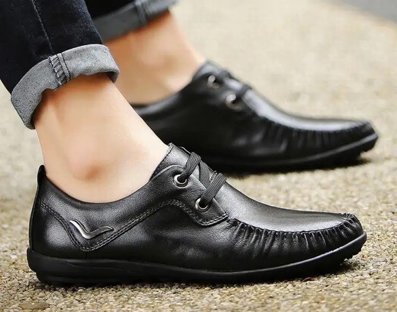 Лидер продаж; мужская повседневная обувь из натуральной кожи с натуральным лицевым покрытием; удобная прогулочная обувь на плоской подошве для мужчин; обувь для вождения; Sapatos zapatos hombre - Цвет: black