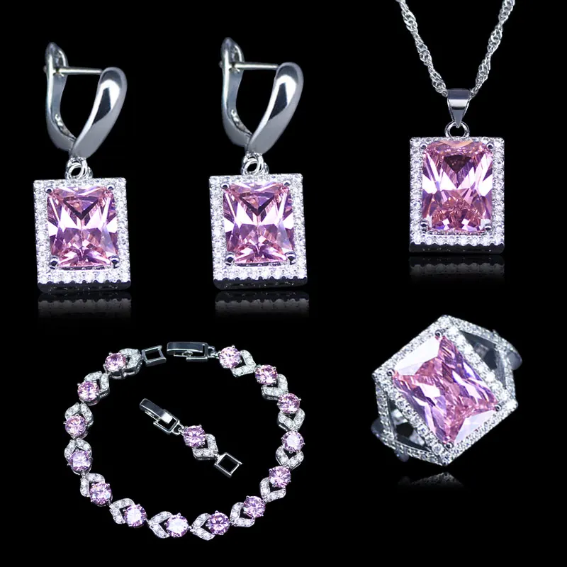 

Shopping Festival Hot Style 925 Stamp Silver Color Princess Pink Crystal White Zirconia Bridal Jewelry Sets For Women Gift