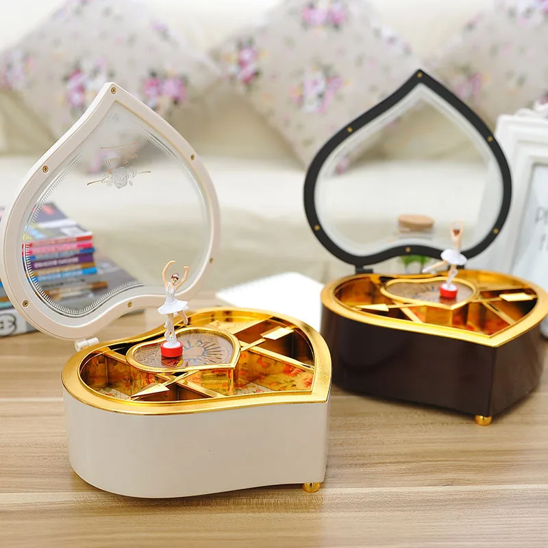 Vintage Retro Music Box Heart Shaped Cosmetic Box Rotating Ballet Girl