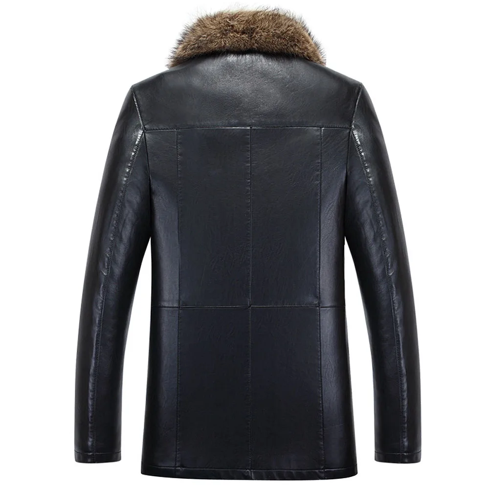 Высококачественное зимнее теплое пальто, мужская куртка из искусственной кожи, мужские пальто с воротником из меха енота размера плюс 5XL Jaqueta Couro Masculina
