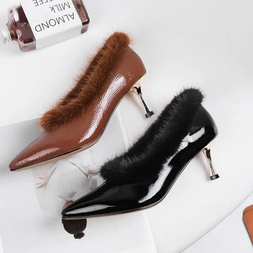 

European and American women Genuine leather Fur Low-heeled pumps female pure color pointed toe Genuine Rabbit Fur Single Shoes