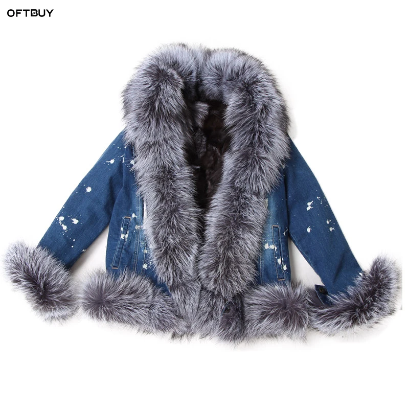 

OFTBUY 2019 real fur coat Winter Jacket Women Coat Real sliver fox Fur collar bomber denim jacket Parka Streetwear Outerwear