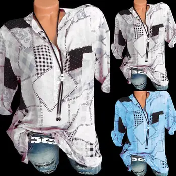 

New Women V Neck Roll Up Long Sleeve Shirt Printing Casual Plus Size Top Blouse