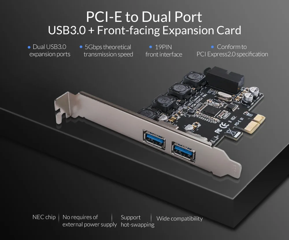 ORICO USB 3,0 PCIe ЭКСПРЕСС карты расширения 2 Порты и разъёмы USB 3,0 PCI-e адаптер PCIe с 19PIN спереди Интерфейс 5 Гбит/с Скорость для ПК Win10