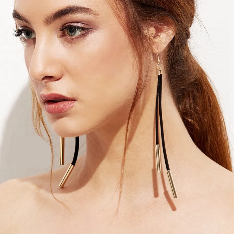 

EK255 New Korean Velvet Women Long Tassel Hyperbole Drop Earring Fashion Metal Tube Bar Dangle Earings Pendientes Bijoux Brincos
