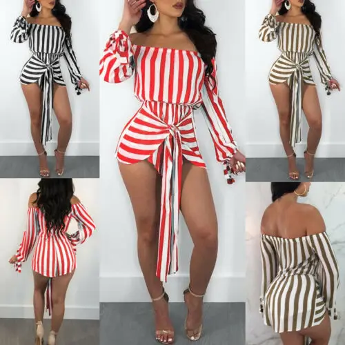 

Women Striped Leopard Print Short Romper Long Sleeve Sexy Short One Piece Playsuit Women Clubwear Summer Playsuit Bodycon Party