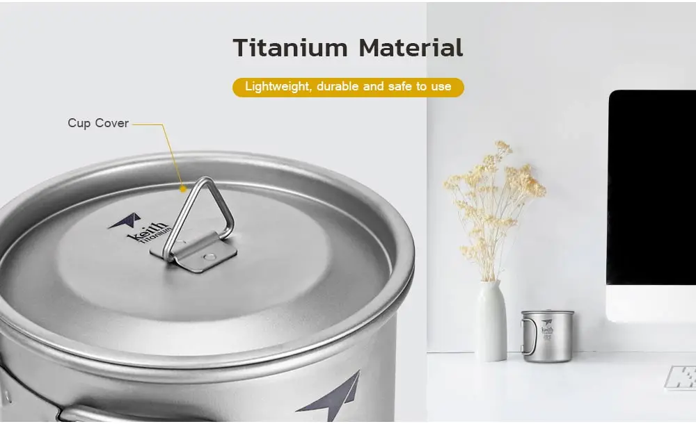 Keith Ti3240 Outdoor Drinkware Foldable Handle Titanium Cup with Cover
