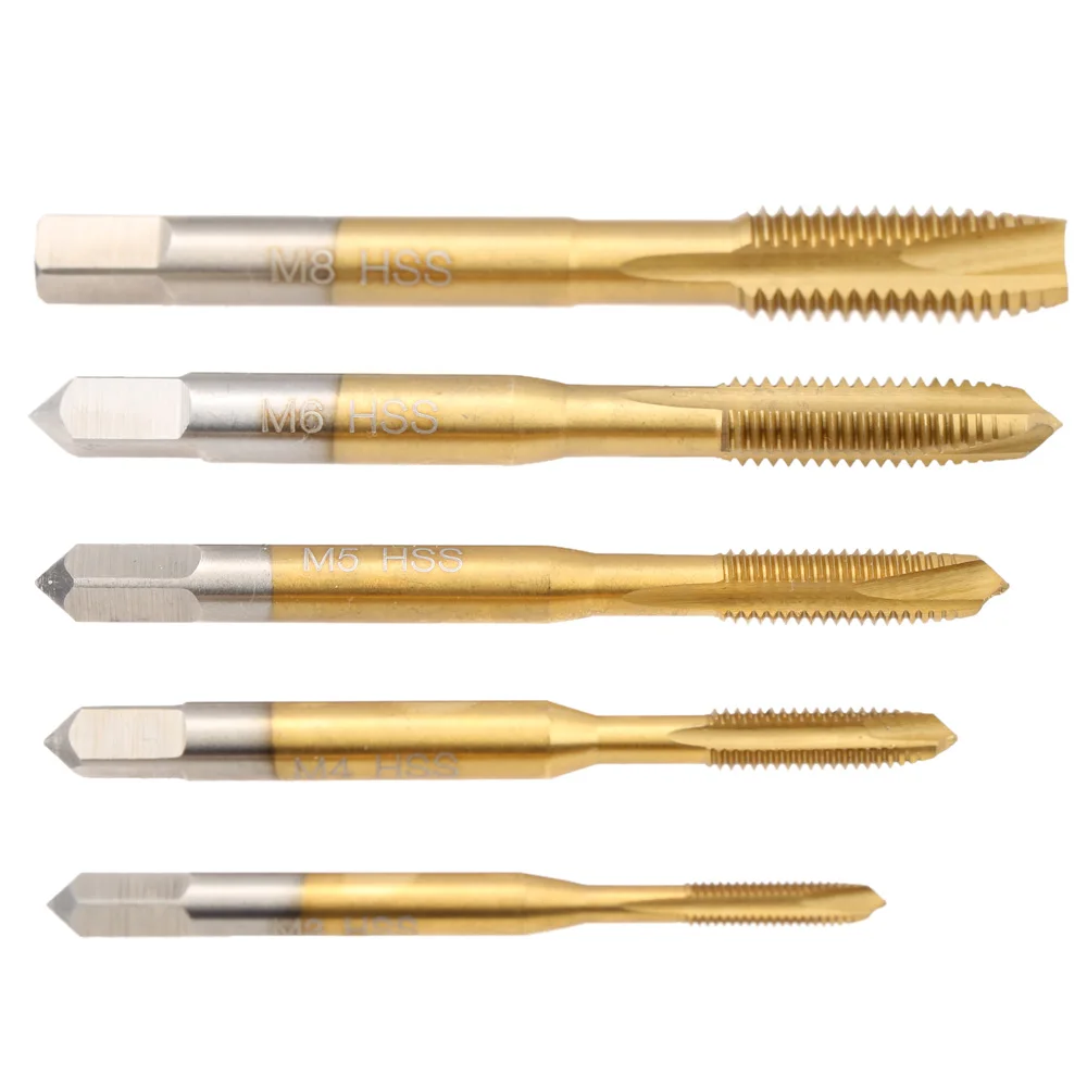 5Pcs Titanium  HSS 6542 Straight Flute Taps Round Shank Square End Spiral Point Tap Machine Screw Tap Coated Straight Groove Tap