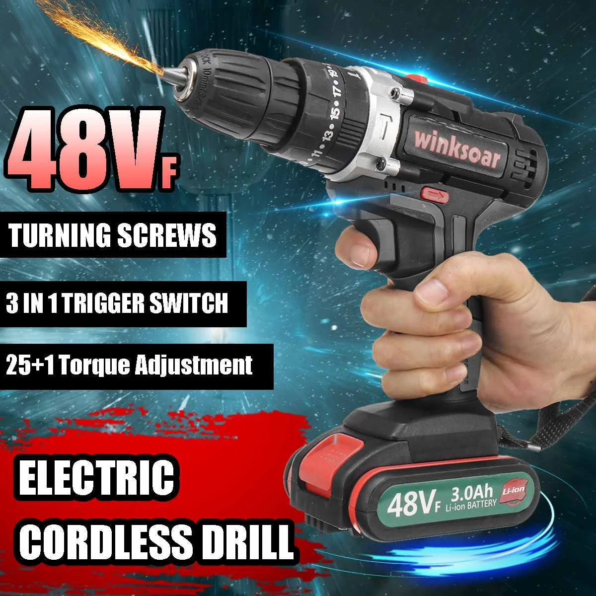 

48V Cordless Electric Screwdriver Impact Drill 25+1 Torque Rechargeable 2xLI-ION Battery Electric Drill Power Tools 2 Speed