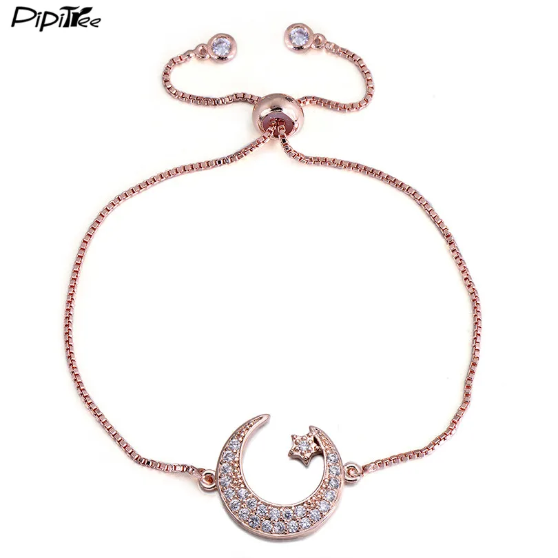 

Pipitree Romantic Moon & Star Charm Bracelet Micro Zirconia Paved Love Couple CZ Crystal Bracelets for Women Men Lovers Jewelry