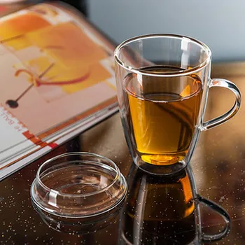 

Handmade Double Layer Glass Cup with Lid Simple Morning Mugs with Handle Coffee Milk Tea Cup 340ml SH224