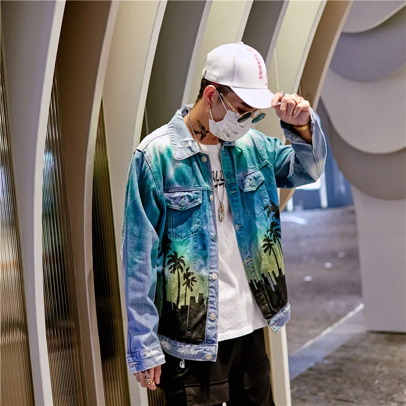 Men's Denim Jacket Streetwear Hip-hop Washed Destroyed Man Jacket Coconut Tree Print Loose Jacket Men's Spring Autumn