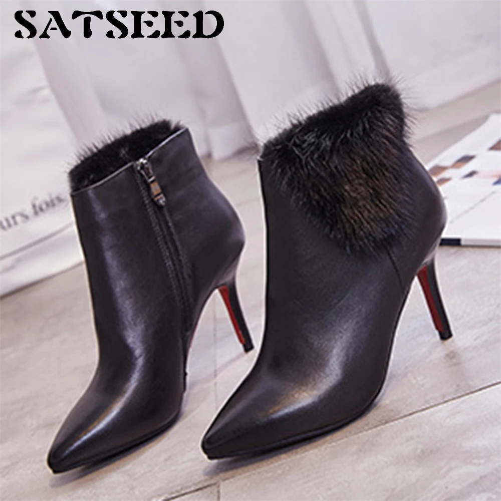 

2018 New Winter Genuine Leather Shoes Black High Heels Boots Pointed Toe Ladies Dress Boots Faux Fur Ankle Chelsea Boots Zipper