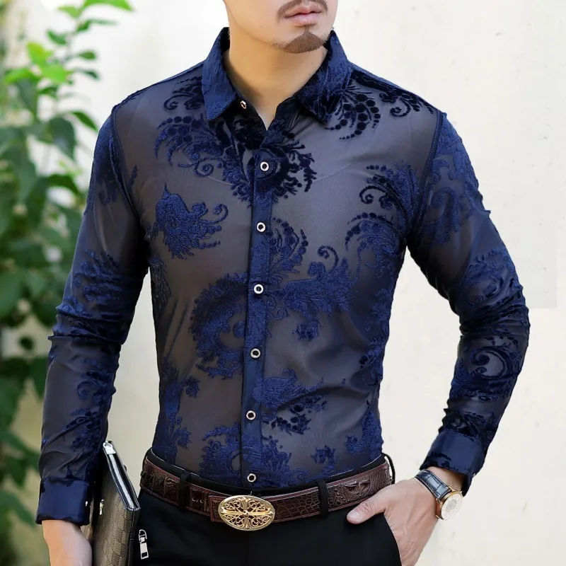 Пикантные прозрачные цветок рубашка Для мужчин 2018 осень цвет: черный, синий сжечь бархатная рубашка Для мужчин и пуговицы Бизнес