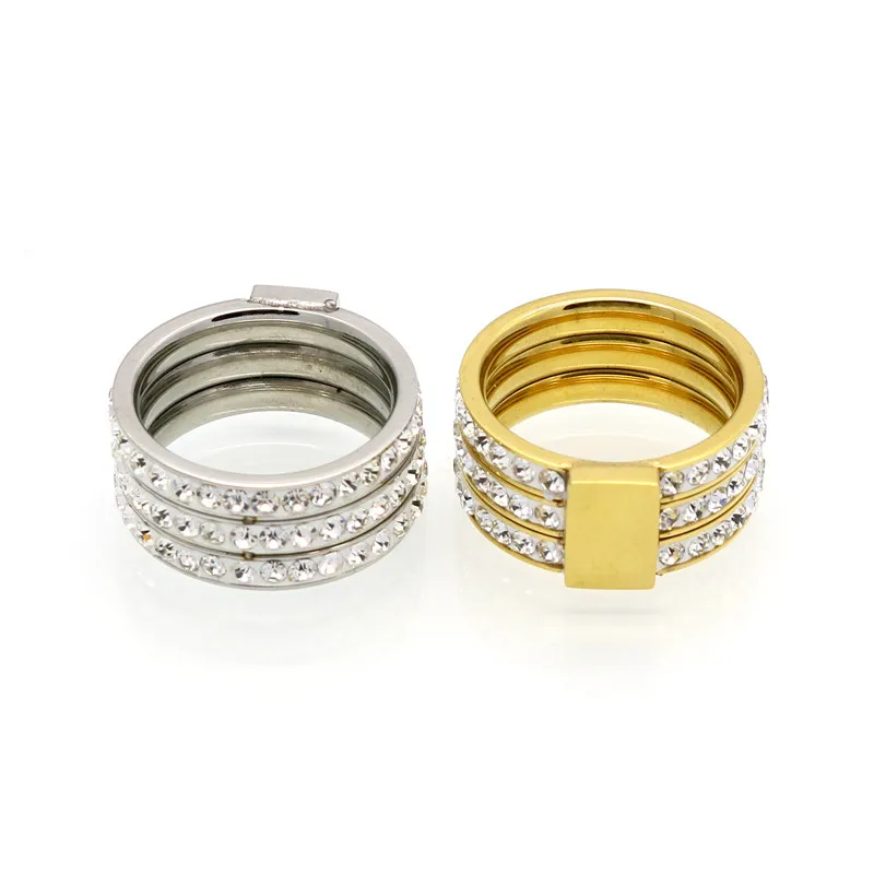 10mm Width Three-ring Fixed Design Rhinestone 316L Stainless Steel Rings For Women Gold Color Party Jewelry (JewelOra RI102369)