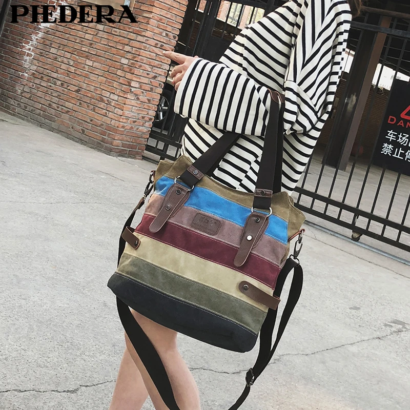 New Fashion Rainbow Women Shoulder Bags High Quality Canvas Casual Female Handbags Striped Ladies Bag Women Purse 2019 Hot
