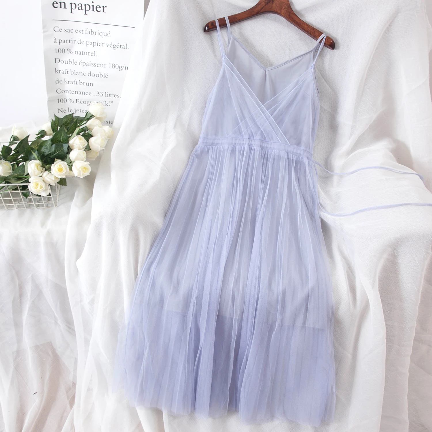 

E52 # New Summer Rope V-collar Pleated Two-piece Dress Fairy Women Clothes 2019