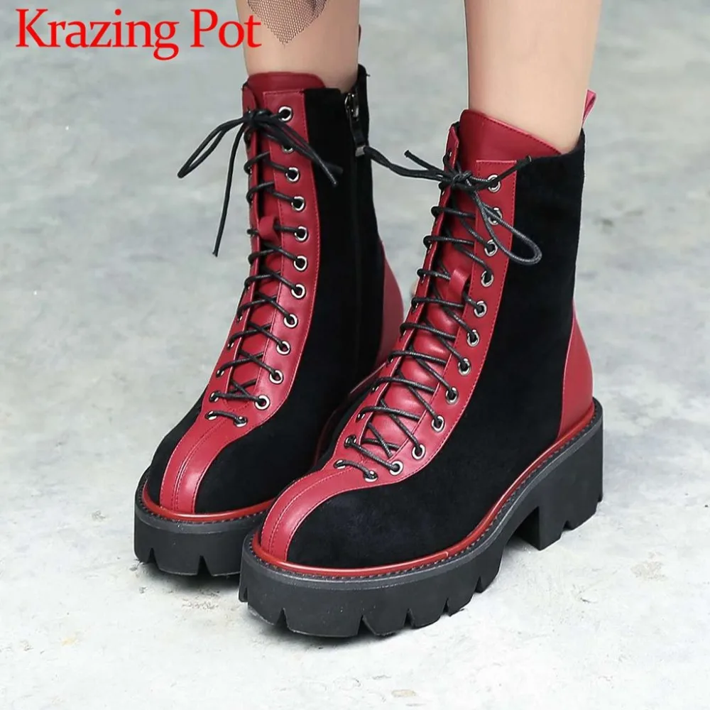 

Krazing pot simple brand boots novelty design superstars motorcycle boots natural leather med heels winter warm ankle boots L15