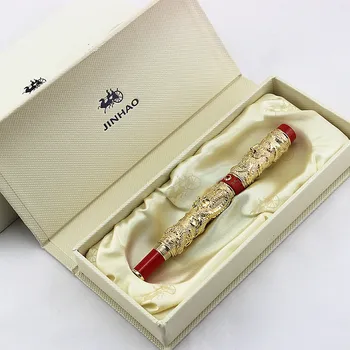

Jinhao Vintage Luxurious Rollerball Pen Double Dragon Playing Pearl, Red gold Metal Carving Embossing Heavy Pen Collection