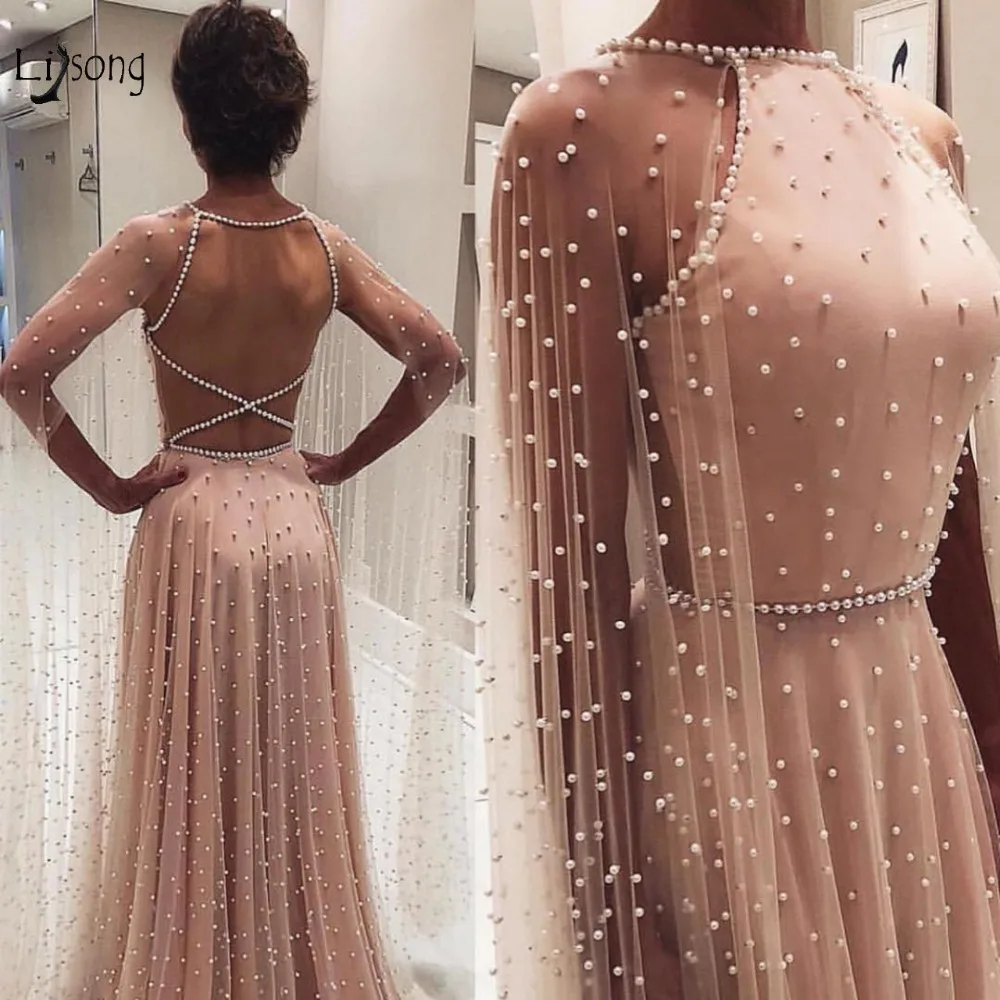 

Fashion 2019 Pearls Champagne A-line Evening Gowns With Long Cloak Sleeves Sexy Backless Long Prom Gowns 2019 Formal Clothing