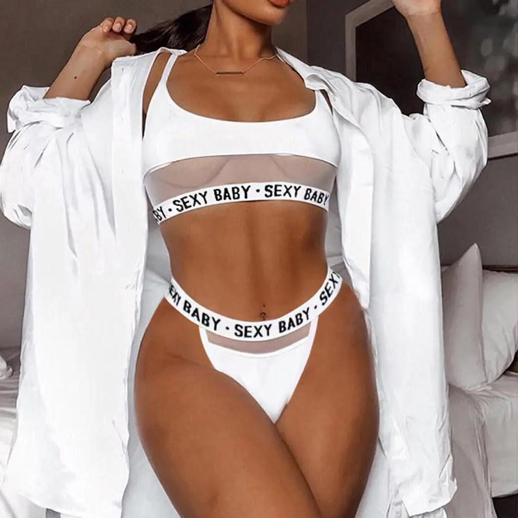 

Women Round Neck Adjustable Spaghetti Strap Letter Mesh Fashion Summer Patchwork Nightwear Bra Set
