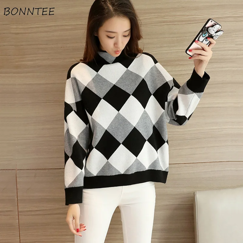 

Sweaters Women Chic Geometric Patterns Loose Soft Knitted Turtleneck Sweater Leisure All-match Womens Elegant Pullover Female