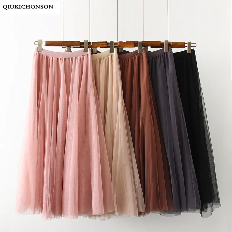 

Sweet Cute Elastic High Waist Tulle Skirts Ladies Ruffle Mesh Skirt Women Spring Summer Long Midi Skirts jupe tulle femme