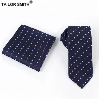 

Tailor Smith Necktie Set with Pocket Square Silk Woven Navy Blue Polka Dot Necktie Hanky Set Mens Formal Wedding Suit Cravat Tie