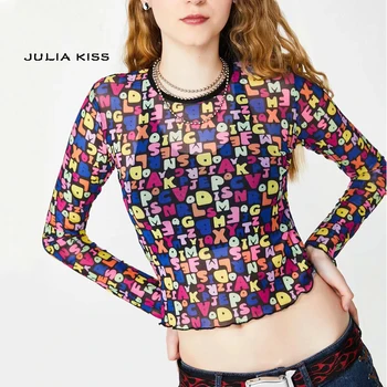 

Women Colorful Letters Print Crop Mesh Tee with Frill Trimming